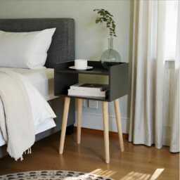 Wooden Bedside Table Modern Black With Pinewood Legs, 2 Shelf Storage - thumbnail 2