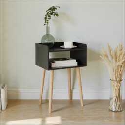 Wooden Bedside Table Modern Black With Pinewood Legs, 2 Shelf Storage - thumbnail 1