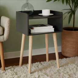 Wooden Bedside Table Modern Black With Pinewood Legs, 2 Shelf Storage - thumbnail 3