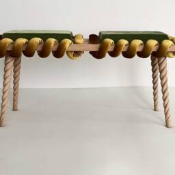 Long Bench, Wooden Bench in Pistachio Green & Mustard Yellow Cross Wavy Velvet Fabric, Living Room Bench, Office Decor, Wood Work - thumbnail 2