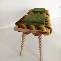 Long Bench, Wooden Bench in Pistachio Green & Mustard Yellow Cross Wavy Velvet Fabric, Living Room Bench, Office Decor, Wood Work - thumbnail 3