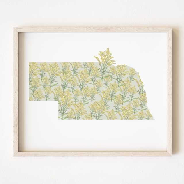 Nebraska State Flower Map Watercolor Goldenrod - Art Print Wall Graduation Wedding Realtor Moving Gift Midwest Wildflower - image 1