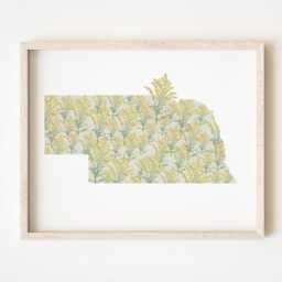 Nebraska State Flower Map Watercolor Goldenrod - Art Print Wall Graduation Wedding Realtor Moving Gift Midwest Wildflower - thumbnail 1