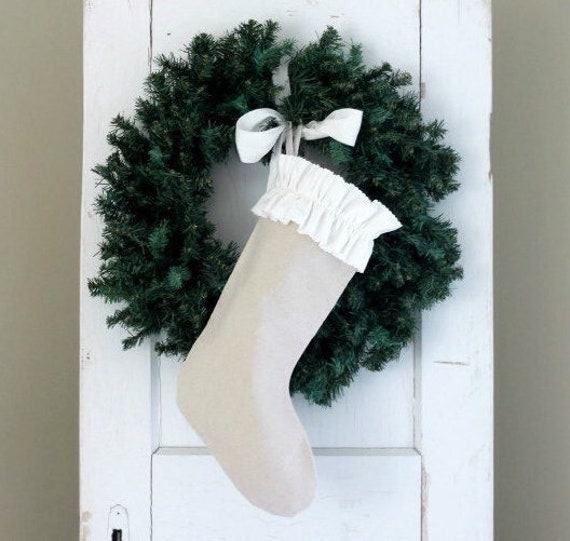 Nautical Canvas Christmas Stocking With White Ruffle & Rope Trim - image 1