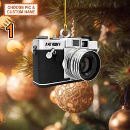 Custom Name Camera Christmas Ornament, Tree Hanging Decor, Flat 2D Ornament Acrylic/ Wooden, Gift For Photographers