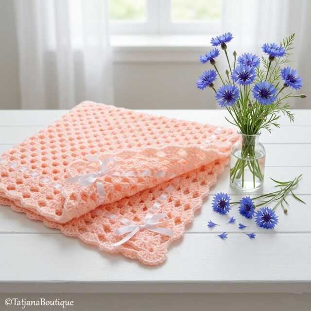 Baby Crochet Blanket in Soft Peach Colour With Satin Ribbon, Shower Gift, 3 Sizes - image 1