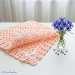 Baby Crochet Blanket in Soft Peach Colour With Satin Ribbon, Shower Gift, 3 Sizes - thumbnail 3