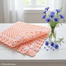 Baby Crochet Blanket in Soft Peach Colour With Satin Ribbon, Shower Gift, 3 Sizes - thumbnail 2