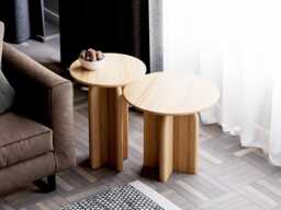 Set Of Side Tables - Round Wooden End Table Solid Oak Wood Nesting For Living Room