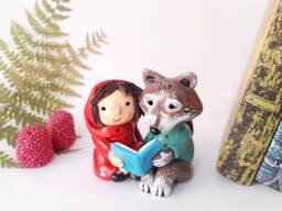 Woodland Creatures For Fairytale Bookshelf Decor, Little Red Riding Hood Big Bad Wolf Art Statue Clay Figure Fairycore Decor Book Lover Gift