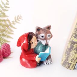 Woodland Creatures For Fairytale Bookshelf Decor, Little Red Riding Hood Big Bad Wolf Art Statue Clay Figure Fairycore Decor Book Lover Gift - thumbnail 2