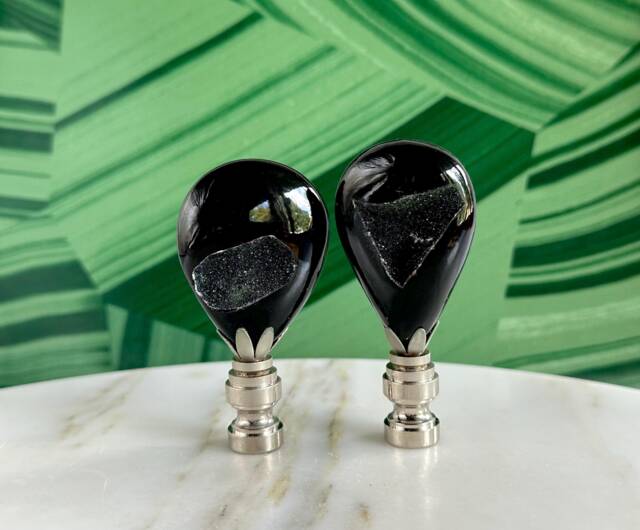 Black Druzy Lamp Finials On Chrome Hardware - A Matching Pair Of Polished Agate Toppers - image 1