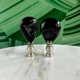 Black Druzy Lamp Finials On Chrome Hardware - A Matching Pair Of Polished Agate Toppers - thumbnail 4