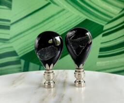 Black Druzy Lamp Finials On Chrome Hardware - A Matching Pair Of Polished Agate Toppers - thumbnail 1