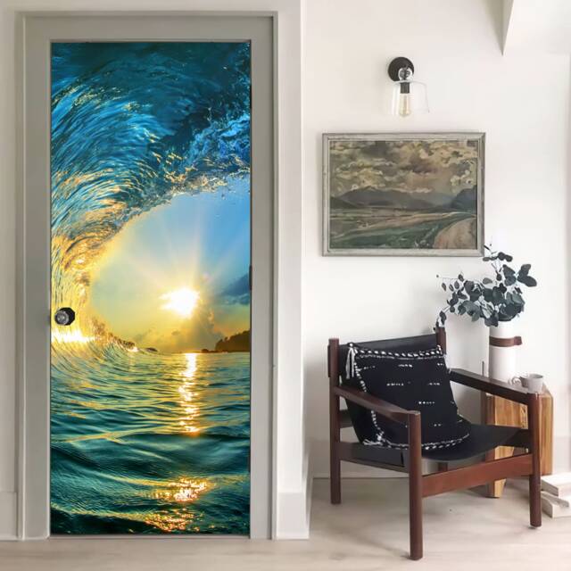 Door Wall Sticker Ocean Wave At Sunset/ Seascape Decal/ Ocean Mural Wallpaper/ Vinyl Mural/ - image 1
