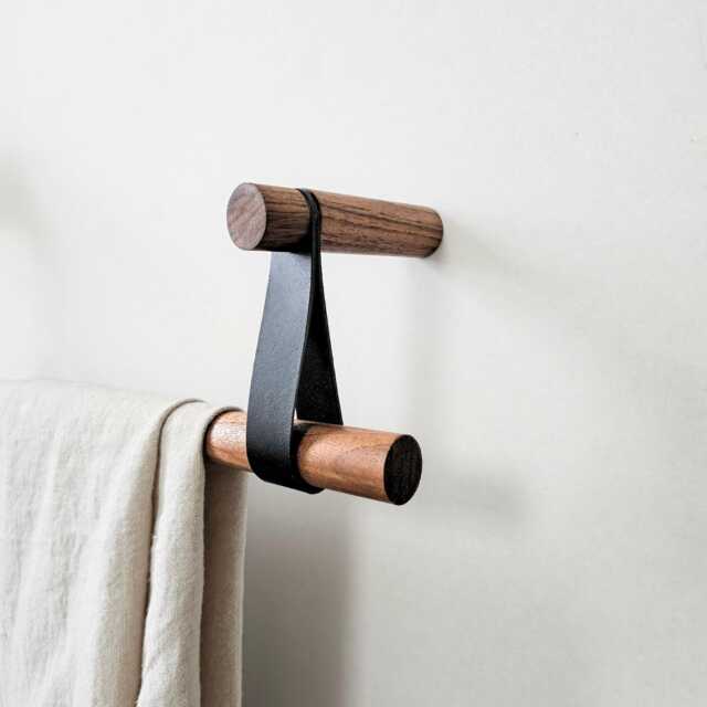Walnut Curtain Rod Holder/Pole Holder, Leather Strap Curtain Hanger, Bracket. Not Included - image 1