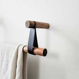 Walnut Curtain Rod Holder/Pole Holder, Leather Strap Curtain Hanger, Bracket. Not Included - thumbnail 1