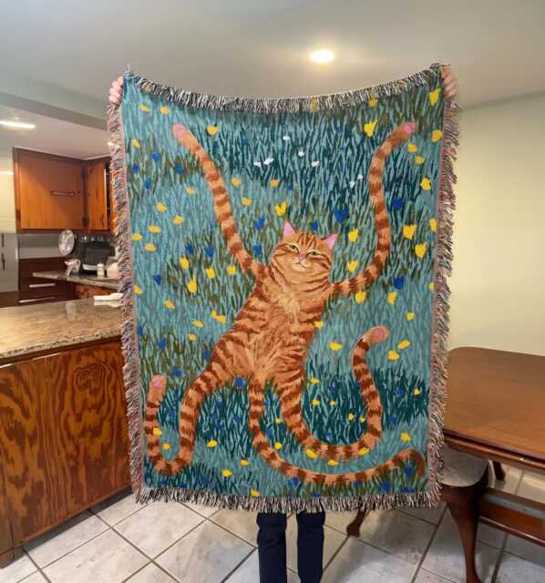 Quirky Orange Cat Woven Throw Blanket - Funny Long in Wildflower Meadow Tapestry, Weirdcore Art, Maximalist Home Decor, Tabby Gift - image 1