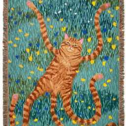 Quirky Orange Cat Woven Throw Blanket - Funny Long in Wildflower Meadow Tapestry, Weirdcore Art, Maximalist Home Decor, Tabby Gift - thumbnail 3