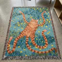 Quirky Orange Cat Woven Throw Blanket - Funny Long in Wildflower Meadow Tapestry, Weirdcore Art, Maximalist Home Decor, Tabby Gift - thumbnail 2
