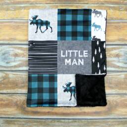 Moose Minky Baby Blanket - Teal Buffalo Plaid Faux Quilt Little Man Lumberjack Unisex