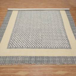 Black Beige Geometric Rug, Extra Large Handmade Cotton Indian Dhurrie - thumbnail 3