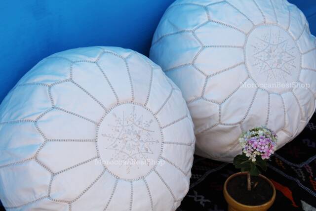 Set Of 2 Handmade Moroccan Leather Poufs White Ottoman Footstools - image 1