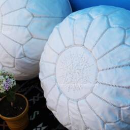 Set Of 2 Handmade Moroccan Leather Poufs White Ottoman Footstools - thumbnail 3
