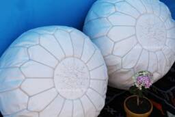 Set Of 2 Handmade Moroccan Leather Poufs White Ottoman Footstools