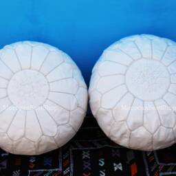 Set Of 2 Handmade Moroccan Leather Poufs White Ottoman Footstools - thumbnail 4