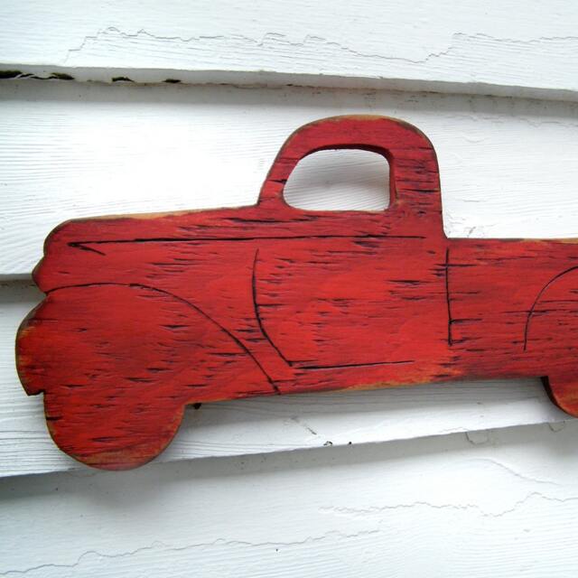 Truck Wall Art Red Decor Kids Boys Room Sign Pickup Retro Wooden - image 1