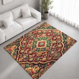 Burgundy Teal Ornate Floral Medallion Rug Non-Slip Soft Area Carpet Bedroom Living Room Hallway Mat Decor - Made in UK - thumbnail 1