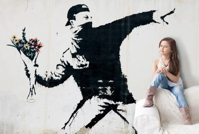3D Banksy Graffiti Wallpaper, Bouquet Wall Decal, Peel & Stick - image 1