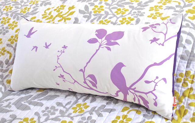 Lavender Bird Print Pillow Off White Cotton Rectangle Throw Pillow - image 1