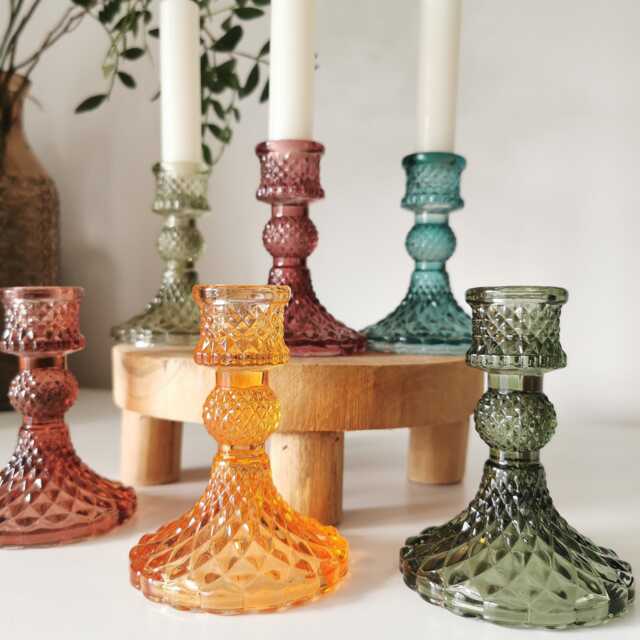 Glass Dinner Candlestick Vintage Jewelled Textured Tall Taper Candle Holder Green Pink - image 1