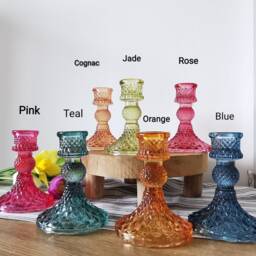 Glass Dinner Candlestick Vintage Jewelled Textured Tall Taper Candle Holder Green Pink - thumbnail 2