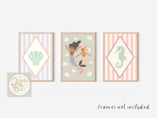 Bright Pastel Ocean, Mermaid & Shell Themed Prints For A Nursery, Little Girls Room Or Playroom. - Prints Only, Unframed - image 1