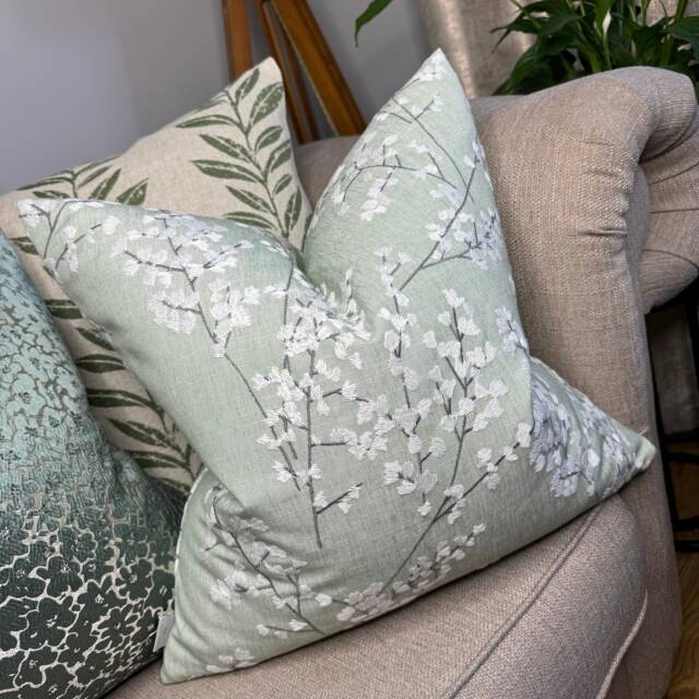 Handmade Floral Embroidered Cushion Cover in John Lewis Everdene Duck Egg Fabric - image 1