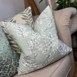 Handmade Floral Embroidered Cushion Cover in John Lewis Everdene Duck Egg Fabric - thumbnail 1