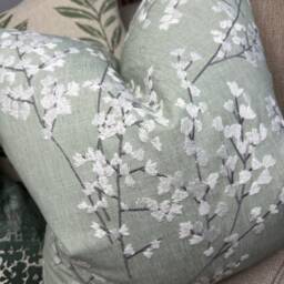 Handmade Floral Embroidered Cushion Cover in John Lewis Everdene Duck Egg Fabric - thumbnail 2