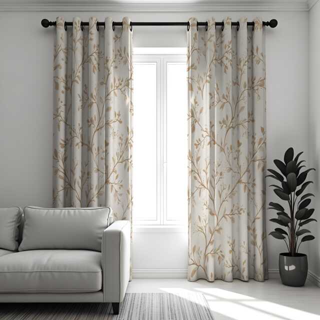 Neutral Botanical Curtains, Beige Leaf & Branch Print Drapes, Custom Size Window Treatments, Modern Natural Home Decor - image 1