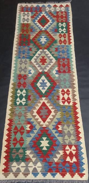 Runner Rug, Handmade Artisan Afghan Turkish Aztec Natural Wool Kilim Rug 256x80 cm - image 1
