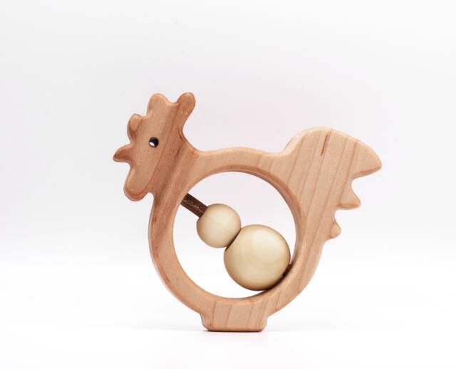 Wooden Rooster Baby Rattle Natural Wood Heirloom Toy - image 1