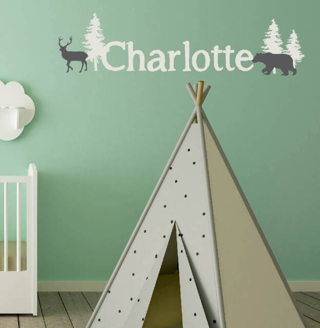 Woodland Deer & Bear Wall Decal, Personalize Name, Colors Size, Boy Girl Nursery Forest C490 - image 1