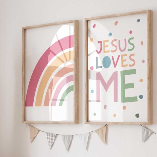Set Of 2 Christian Prints, Jesus Loves Me Print, Rainbow Wall Art, Nursery Girls Bedroom Decor, Toddler - image 1