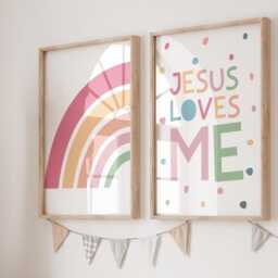 Set Of 2 Christian Prints, Jesus Loves Me Print, Rainbow Wall Art, Nursery Girls Bedroom Decor, Toddler - thumbnail 1