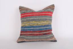 Vintage Turkish Kilim Pillow Cover Handwoven Wool Cushion - 16x16 - thumbnail 1