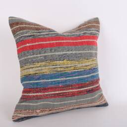 Vintage Turkish Kilim Pillow Cover Handwoven Wool Cushion - 16x16 - thumbnail 2