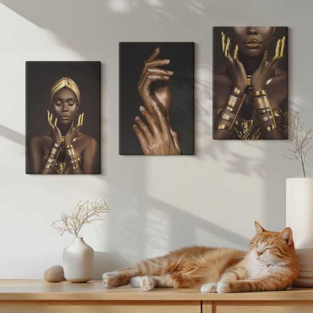 Canvas Art Set Of 3 - Elegant Portraits An African Woman, Brown Large Wall Art, Artwork Decor - image 1
