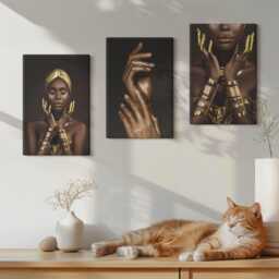 Canvas Art Set Of 3 - Elegant Portraits An African Woman, Brown Large Wall Art, Artwork Decor